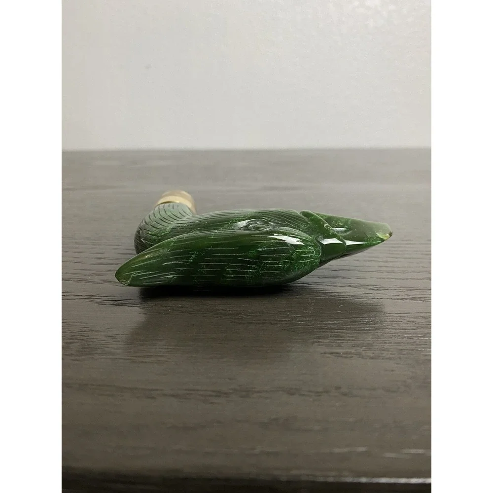 Antique Carved Jadeite Bird of Prey Brass Walking Stick Raptor Cane Eagle